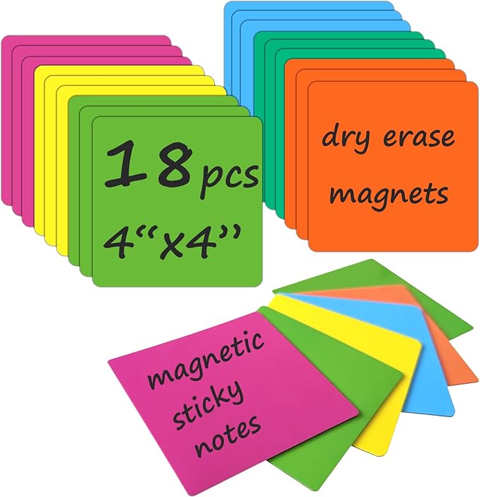 18 Packs, 4" x 4" Dry Erase Reusable Magnetic Sticky Notes, Magnets Labels, Widely Use to Post Notes for Whiteboard, Fridge, Locker, Cabinet, Door - Office & Classroom Supplies