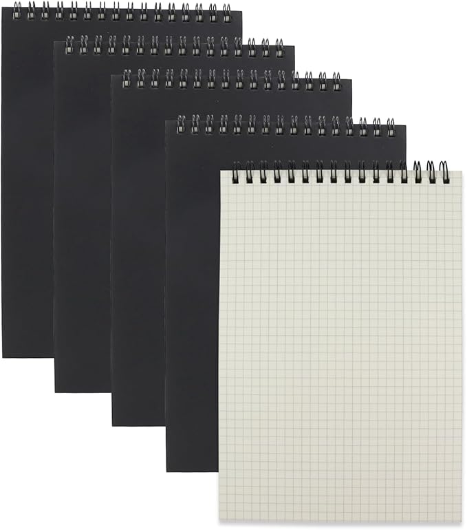 4 Pack Graph Paper Notebook, A5 Top Wirebound Grid Spiral Notebook 5.8" x 8.3",60 Sheets,5mm x 5mm Grid Paper,Grid Notepad for Students, Math, Engineering (Black)