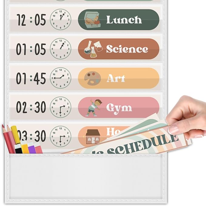 Boho Daily Schedule Pocket Chart for Classroom with 24 Cards，Welcome Back to School Classroom Decorations, White