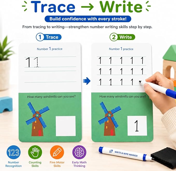 Write & Wipe Activity Cards for Kids, Reusable Tracing Flash Cards, Preschool Handwriting Practice Set, Letter Number Math Learning Activities Ages 3-6 (Number Tracing)