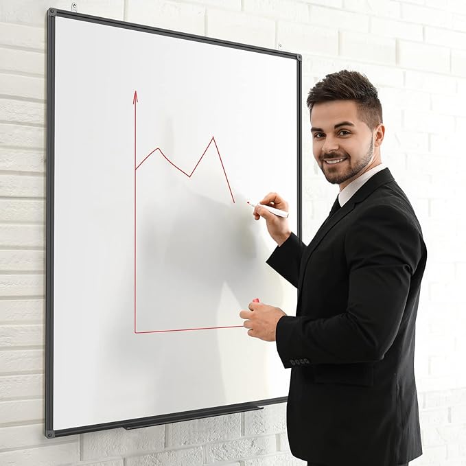 SunyesYoon Magnetic Dry Erase Whiteboard 48 x 36 Inch - 4 x 3 Large White Board, Black Aluminum Frame Wall-Mounted, Magnetic Eraser, 2 Pen, Detachable Marker Tray, 6 Magnets for Office, School