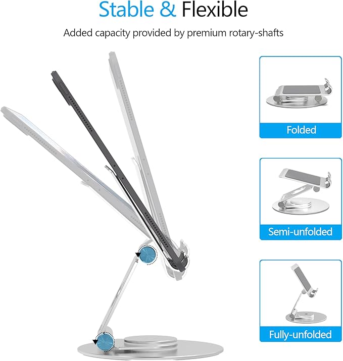 Swivel Tablet Stand, Aluminum Portable 360°Rotating Adjustable Tablet Holder for All 4-12.9’’ iPad Surface Samsung Phone Tablet Kindle E-Reader and More(Silver)