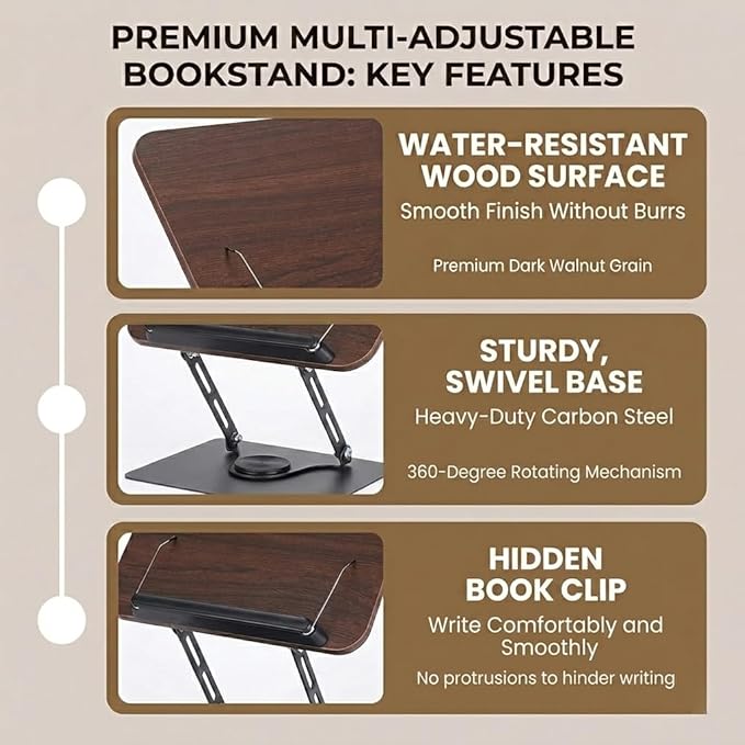 Premium Adjustable Bookstand for Desk - 360° Swivel Wooden Book Holder for Reading Hands Free, Heavy Duty Carbon Steel Textbook Stand, Portable Cookbook Holder for Kitchen Counter, Bible, Laptop