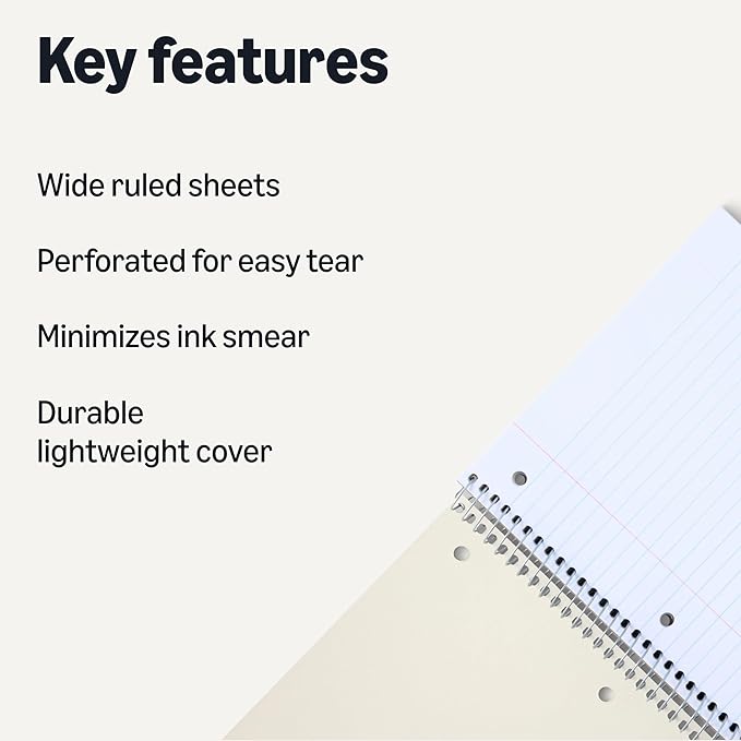 Amazon Basics Wide Ruled 3-Subject Spiral Notebooks with Pocket Dividers, 150 Sheets, 10.5" x 8", Assorted Primary Colors, 3-Pack