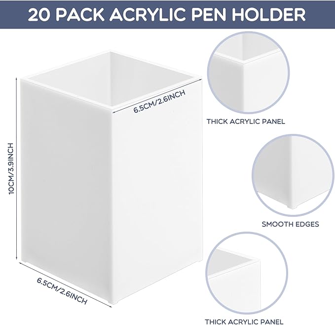 Crtiin 20 Pieces Acrylic Pencil Holder Makeup Brush Holder Pen for Desk Pencil Cup Acrylic Desk Accessories Desktop Stationery Organizer for Office School Home Supplies(White)