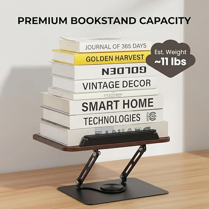 Premium Adjustable Bookstand for Desk - 360° Swivel Wooden Book Holder for Reading Hands Free, Heavy Duty Carbon Steel Textbook Stand, Portable Cookbook Holder for Kitchen Counter, Bible, Laptop