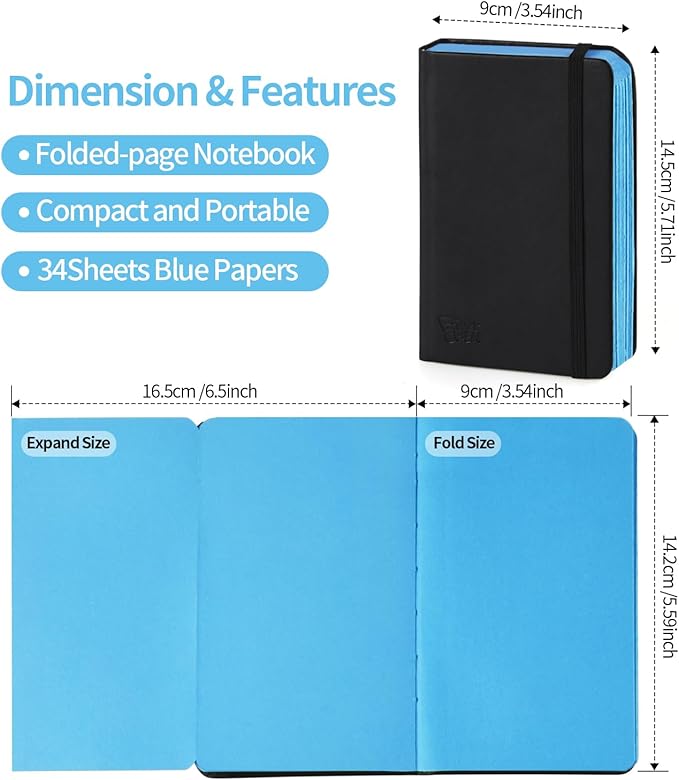 3.5x5.7inches Mixed Media Sketch Pad, 120GSM 32Sheets Folded Colored Paper Sketchbook for Drawing, Protable Hardcover Art Sketchbook for Painting, Writing, Journal.Blue