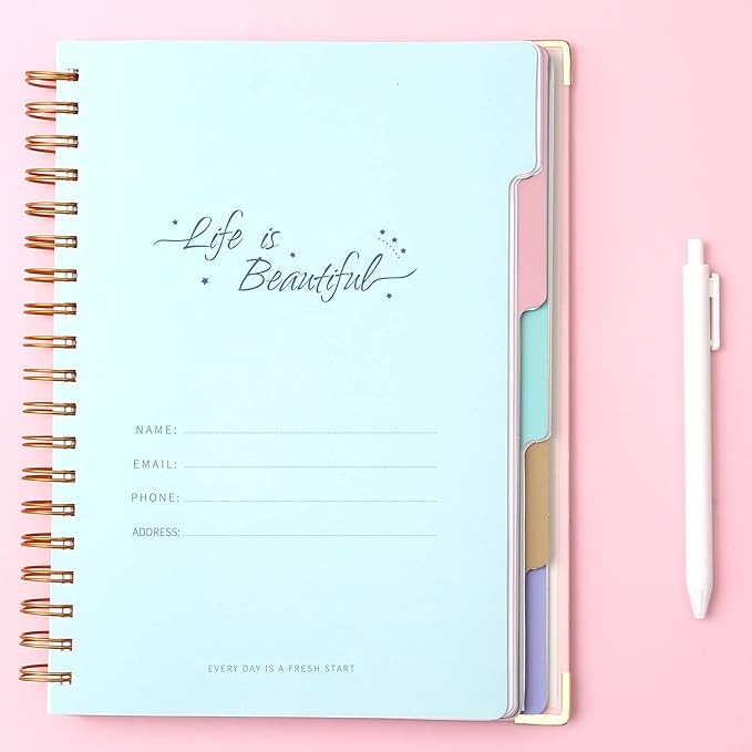 Yoment 2 Pack 5 Subject Notebook College Ruled, Hardcover Spiral Notebooks for Work School, B5 Multi Subject Notebook with Tabs Dividers, 240 Pages Lined Journal for Women Men, Pink&Purple