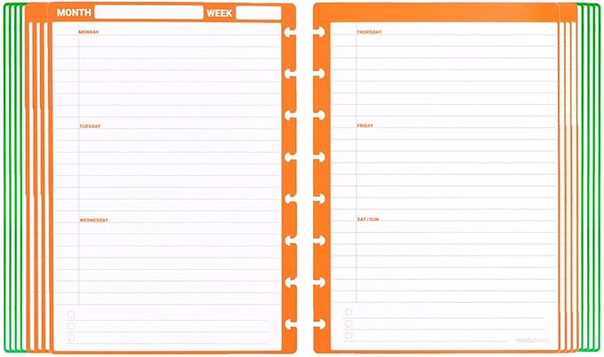 Modubooq - 32 orange weekly reusable discbound duratech3 pages - inserts with week planners for smart notebook - A5