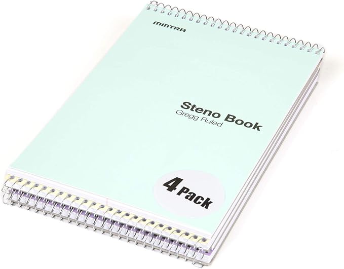 Mintra Office Steno Books Set - Top-Spiral Bound, Gregg Ruled, 70 Green Tint Sheets, Poly Pastel Covered Notebooks for Office, Professional, School & Work, Note-taking, Writing Pads, 6"x9", 4 Pack