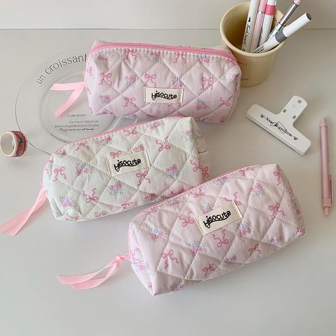Carry bloom Pencil Pouch Cute Pencil Case for Girls Aesthetic Pencil Bag with Zipper Pen Cases School Supplies Makeup Bag (bow flower pink)