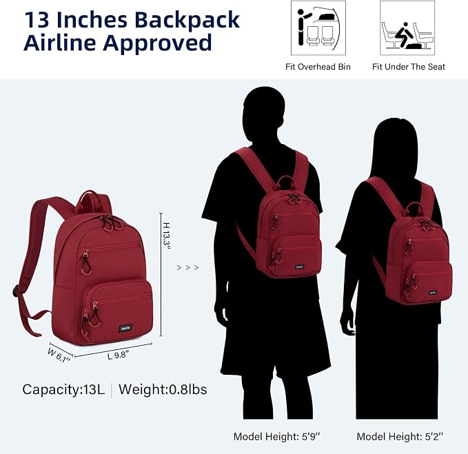 HanTrip 13 Inch Mini Small Travel Backpack Cary on For Women Men, Burgundy | 13L Capacity, Lots of Pockets, Padded Shoulder Strap, Lightweight, Water Resistant, Bookbag for College, Commuter, Work