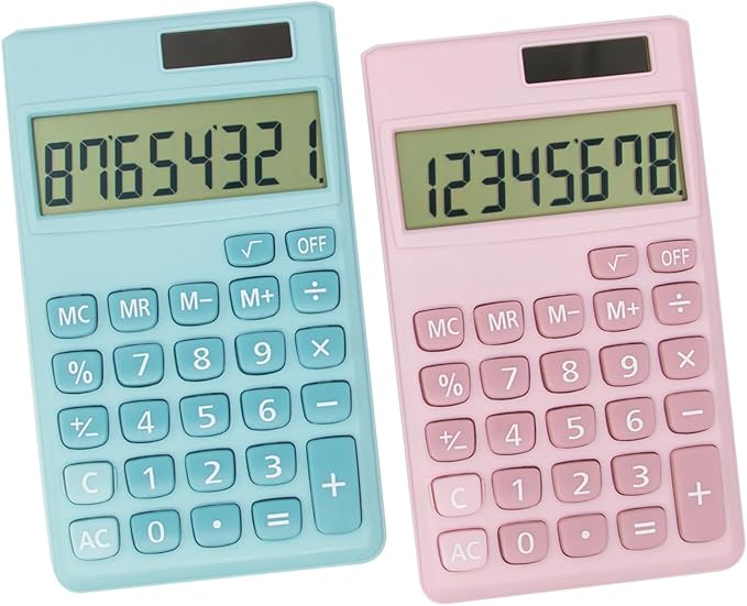 Basic Standard Calculators Small Digital Desktop Calculator with 8-Digit LCD Display, Battery Solar Power Smart Calculator Pocket Size for Kids for Home School (Pink Blue 2pcs)