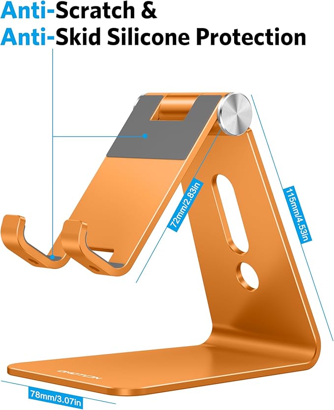 OMOTON Adjustable Cell Phone Stand, Aluminum Desktop Cellphone Stand with Anti-Slip Base and Convenient Charging Port, Fits All Smart Phones, Orange