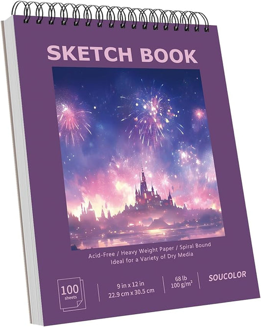 Soucolor 9"x12" Sketch Book for Women Sketch Book, 100 Sheets (68lb/100gsm) Drawing Paper, Art Supplies for Kids, 1-Pack Art School Supplies
