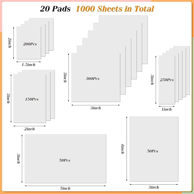 [1000 PCS] Transparent Sticky Notes, 6 Sizes Clear Sticky Notes Pads, Waterproof Self-Adhesive Translucent Sticky Notes for Annotating Books, See Through PET Notes for School & Office