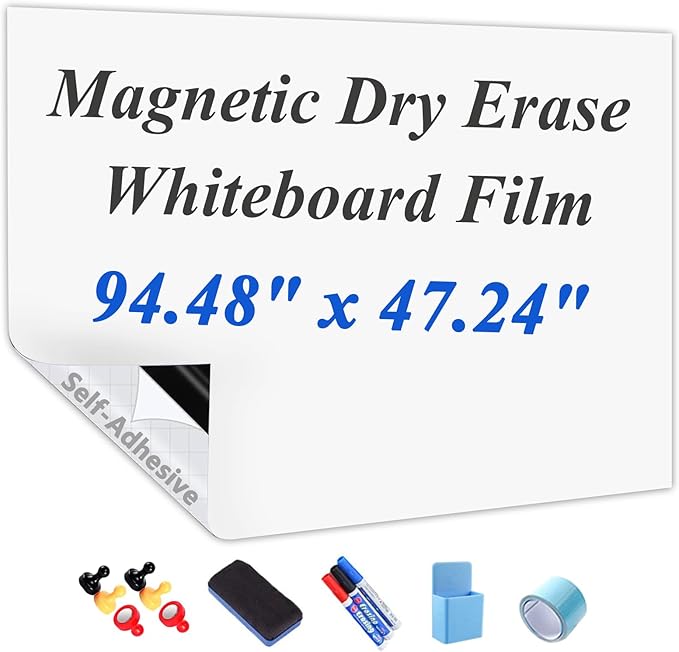 Self-Adhesive Dry Erase Whiteboard Sticker, 94.48" x 47.24" Magnetic Receptive White Board Wall Film, No Ghosting, Easy Write & Clean | Peel & Stick for Office, Home & Classroom,Incl. Accessories