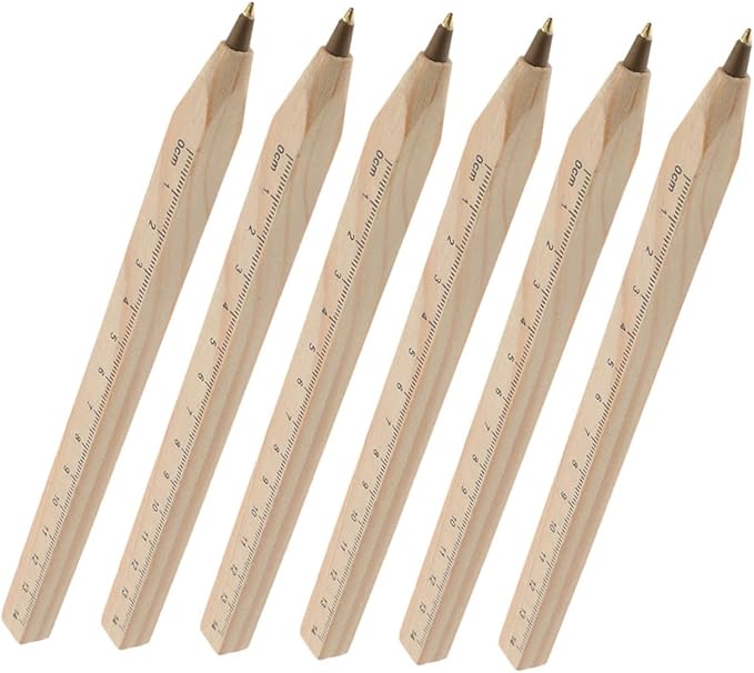 Mobestech 6pcs Black Ink Wooden Ballpoint Pens with Printed Ruler, Biodegradable Natural Solid Wood Carpenter Pens for Woodworking and Office Use