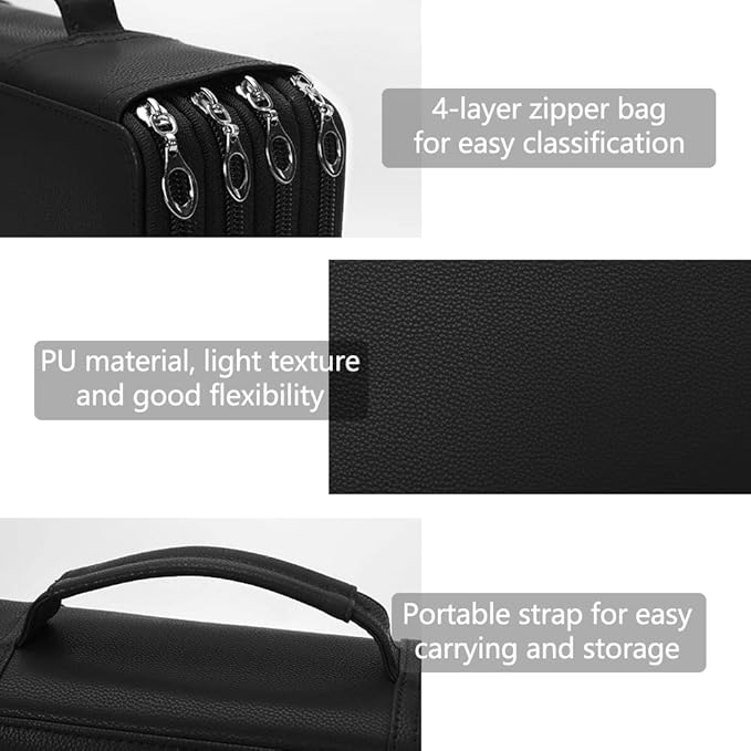 Vomgomfom 300 Slots Marker Bag, 4-Layer Zipper Portable Art Supply Organizer, PU Leather Large Capacity Marker Case Holds 100 Markers or 300 Colored Pencils with Handle (Black)