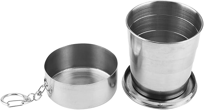 Tiiyee Stainless Steel Collapsible Cup, Folding Camping Cup Portable Shot Glass Foldable Drinking Cup Drinkware with Lid and Keychain for Outdoor Travel Picnic Fishing Hiking Cycling Water, 250ml