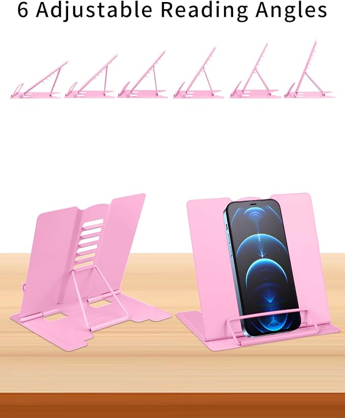 MSDADA Small Desk Book Stand Metal Reading Rest Book Holder Adjustable Cookbook Documents Holder Portable Sturdy Bookstands for Recipes Textbooks Tablet Music Books(Pink