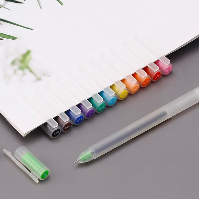 0.38 Fine Point Colorful Pens for Journaling, Ultra Fine Tip Needle Point Gel, 12 Colored Minimalist Office Stationery Supplies