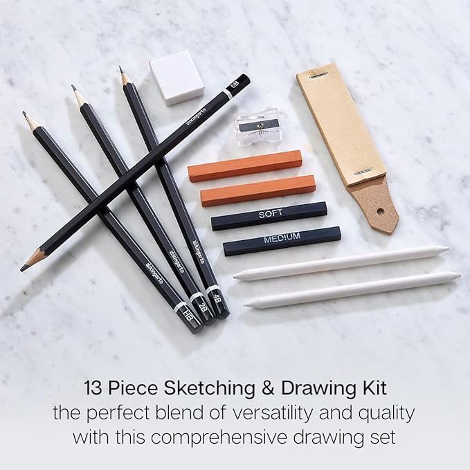 KINGART 13-Piece Sketching & Drawing Set – Complete Artist Kit with Graphite, Charcoal & Pastel Pencils, Blending Tools & Eraser in Portable Case – Art Supplies for Beginners & Professional Artists