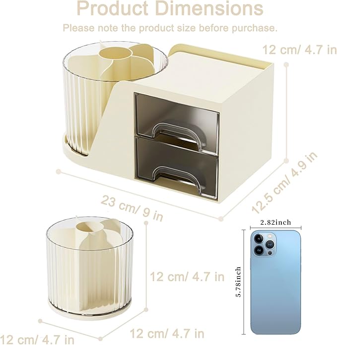 SAYEEC Rotating Desk Organizer with 2 Drawer 6 Slots Multi-Functional Pencil Pen Holder Desktop Makeup Organizer Stationery Accessories Storage Box Caddy for Office School Home Art Supplies (White)