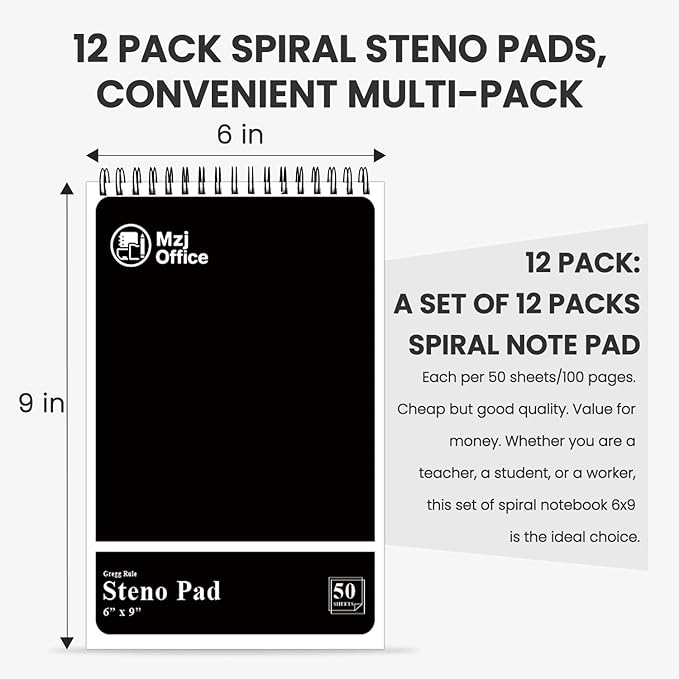 Steno Pads Spiral 6x9 12 Pack | Steno Notebooks Top Spiral Notepad | Steno Notepad 50 Sheets Each | Gregg Ruled Spirals Notebook 6x9 | Notebooks for Work.