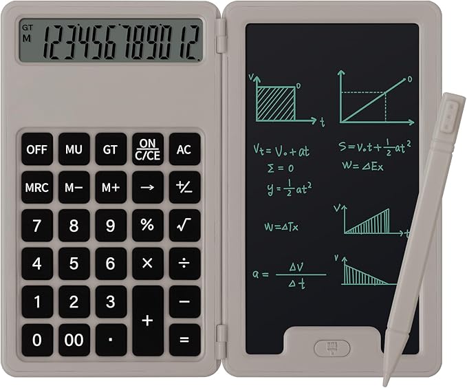 Desk Portable Basic Calculator, Small Mini Calculators with Writing Notepad and Stylus, More Lightweight and Portable, 12Digit Large Display Multi-Function for Office, School, Home & Financial (Khaki)