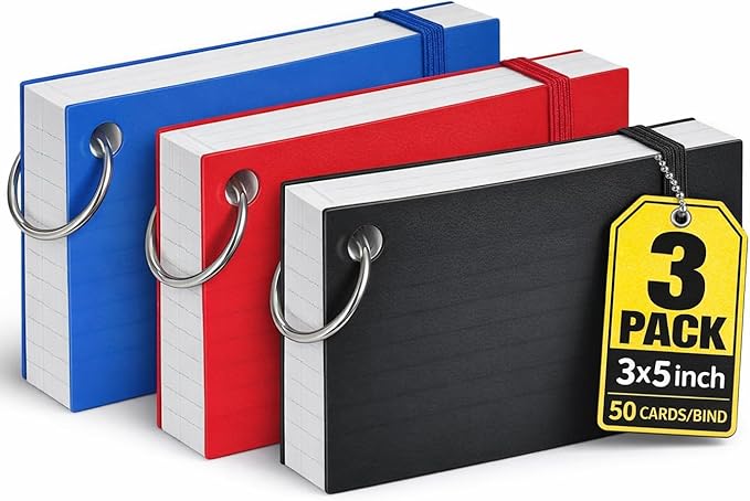 1InTheOffice Index Cards with Ring, Ruled Index Cards with Ring, 3" x5", 100 White Cards/Ring