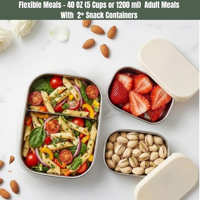 Modaniam Flexibento - 40 OZ Set -Leak proof Stainless Steel Lunch Box Containers, Lunch Containers with Silicone Lids,Steel Bento Box,Metal lunch Box, Vanilla set of 3, 1 * 40OZ + 2 * 9 OZ