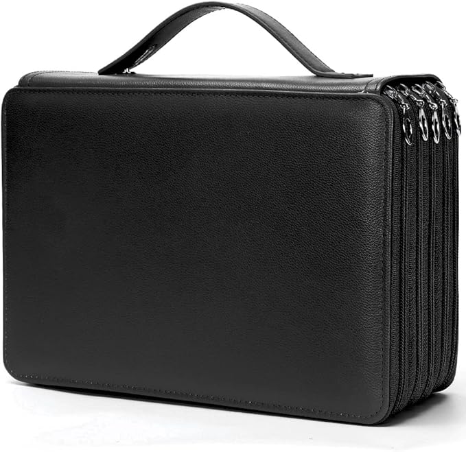 Vomgomfom 252 Slots Pencil Bag, 5-Layer Zipper Art Supply Organizer, PU Leather Portable Colored Pencil Case with Handle for 252 Watercolor Pens, Gel Pens (Black)