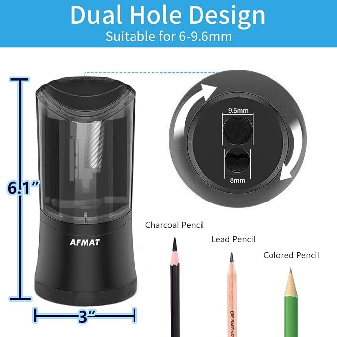 AFMAT Rechargeable Long Point Pencil Sharpener, 2 Holes, Fast Sharpen & Auto Stop, 8-17mm Super Long Point, Artist Pencil Sharpener for 6-9.6mm Large Pencil, Charcoal/Drawing/Sketching/Colored Pencils