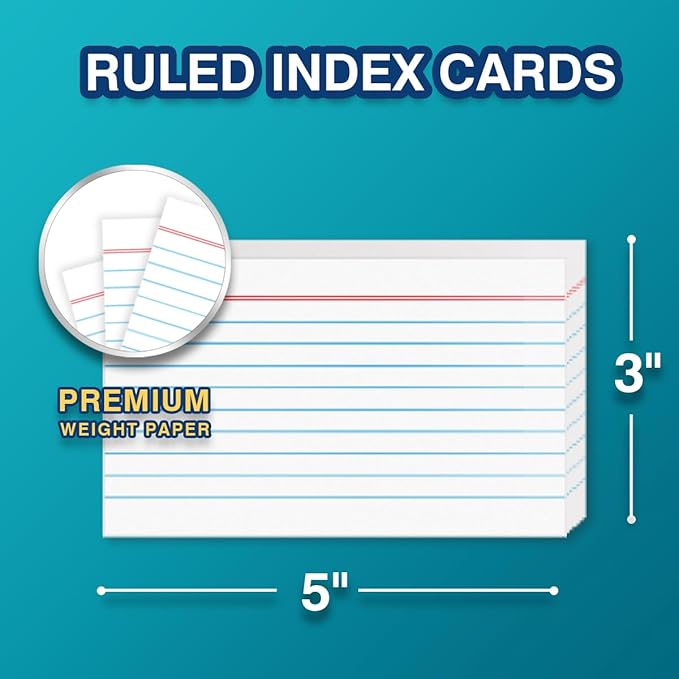 H4D 3x5 Index Card Holder with 100 Heavyweight Ruled Index Cards and 25 Plastic Dividers, Teal