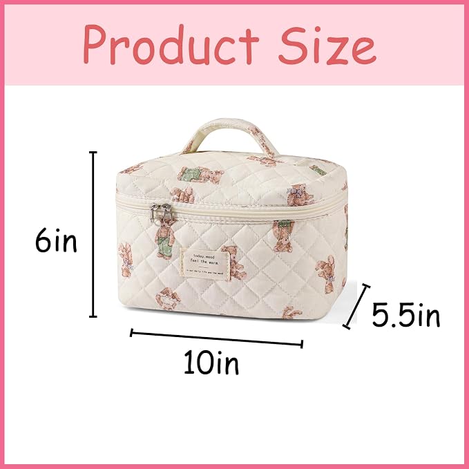 uekeboag Large Travel Quilted Makeup Bag for Women | Soft Floral Cotton Cosmetic Bag, Foldable Coquette Aesthetic Toiletry Organizer