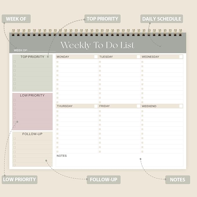 Weekly To Do List Notepad, Undated Planner with 52 Sheets (8.5''x11''), Desk Weekly Planner for Women & Man, Home School & Work