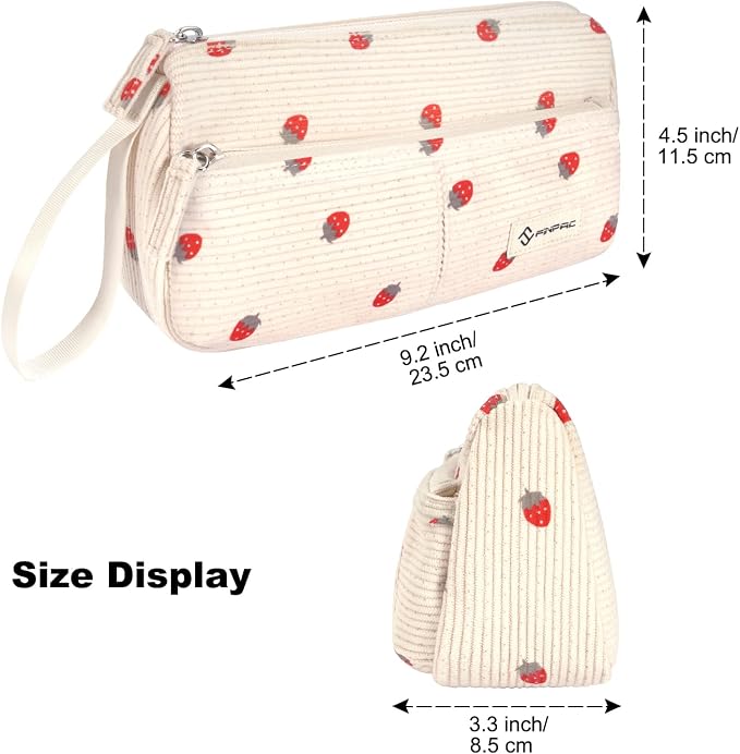 FINPAC Pencil Case, Corduroy Triangle Makeup Bag Kawaii Pen Bag Pouch | Pencil Holder Box Organize for Study, Office, or Travel, Strawberry