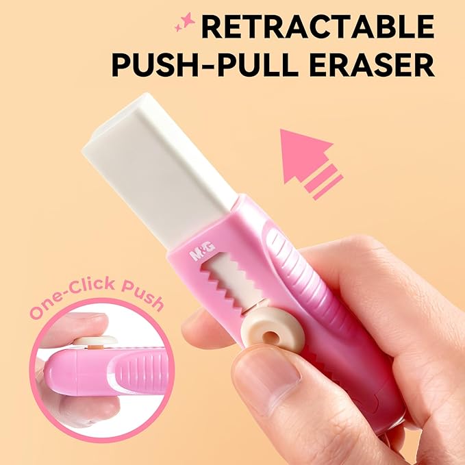 M&G 1+1 Pack Pink Sliding Retractable Cute Eraser Set, Refillable Soft Large Rubber Eraser with Sleeve for Kids Students School Office Supplies