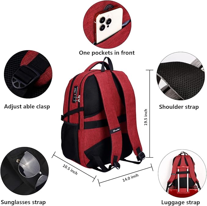 SHRRADOO Anti Theft Laptop Backpack Travel Backpacks with Combination Lock for Women Men College Backpack Computer Bag Fits 17 Inch Laptop,Wine Red