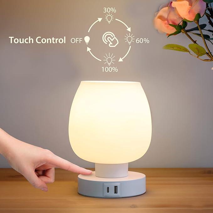 Touch Bedside Table Lamp - Small Lamp for Bedroom with USB C+A Charging Ports 3 Way Dimmable, Nightstand Desk lamp with White Opal Glass Lamp Shade Warm LED Bulb Included, Simple Design Gifts