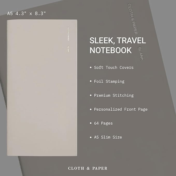 Cloth & Paper Travel Notebook | Blank Notebook – Angora | A5 Slim Writing Journal 4.3" x 8.3" | Unlined Notebook for Writing, Sketching, Creative Planning, Journaling & Notes – Soft Touch Cover
