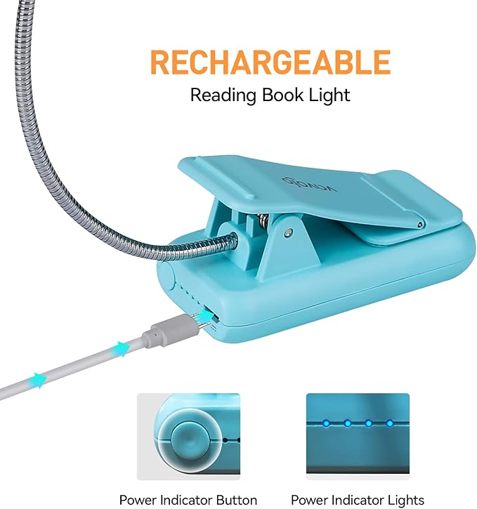 VAVOFO Rechargeable Book Light, Blue Light Blocking, Amber 1600K Clip On Reading Light, Eye Care 7 LEDs Kids Book Light for Reading in Bed with Power Indicator for Bookworms (Mint Blue)