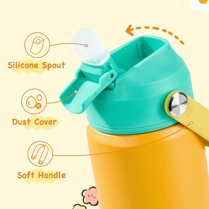 Kerilyn 12oz Kids Water Bottle 2 Pack, Stainless Steel Insulated Water Bottle Bulk, Toddler Cups with Straws Leak-Proof, Kids Water Bottles for School Boys Girls, BPA Free, 2 Piece Set Melon Couple
