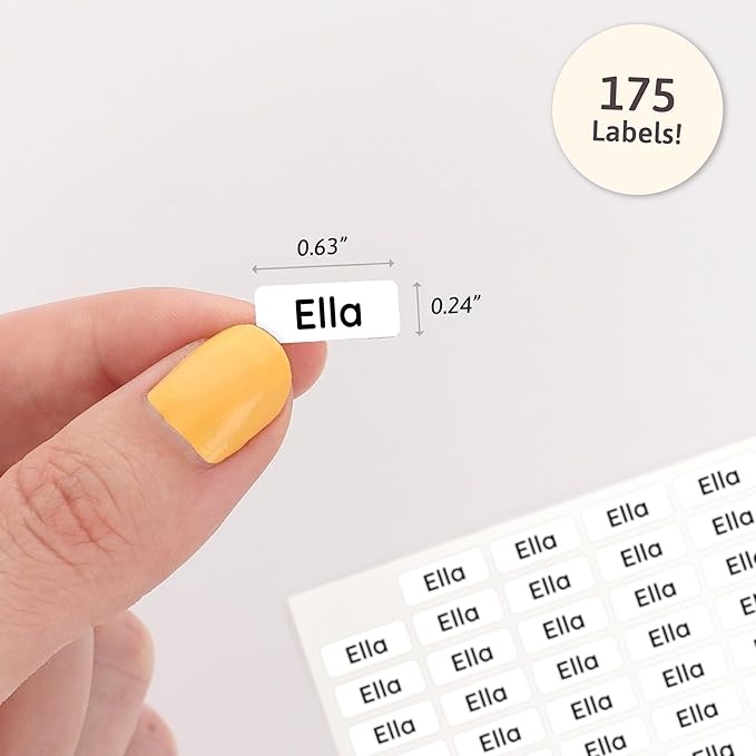 Mini Name Labels (175) - Custom Personalized Name Labels for Labeling Tiny Items, Washer and Dryer-Safe Waterproof Labels for Daycare, Preschool, and School - White/Black