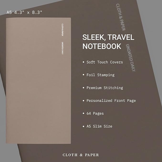 Cloth & Paper Travel Notebook | Undated Daily Planner – Verona | A5 Slim Daily Planner 4.3" x 8.3" | Productivity Planner with Schedule, Priorities & Task Layout for Daily Planning – Soft Touch Cover