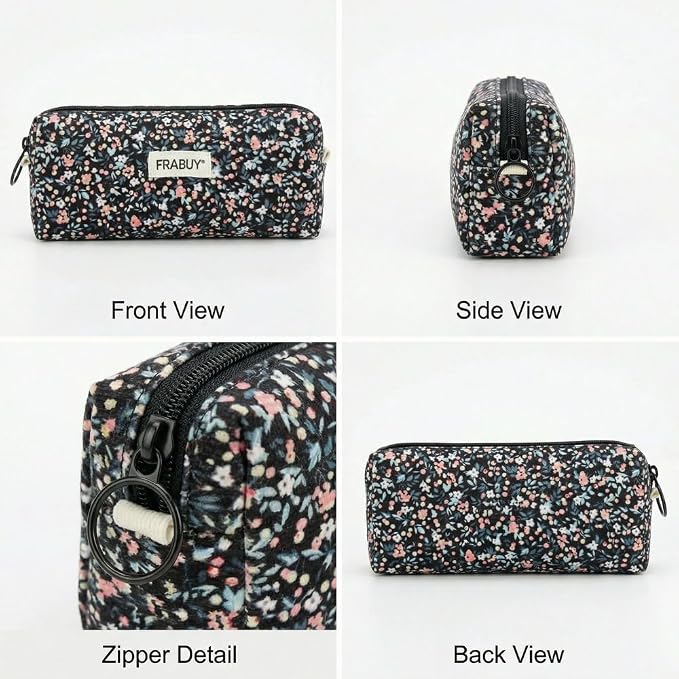Soft Corduroy Pencil Case Pen Pouch Organizer, Small Stationery Bag | Black small floralzipper pencil pouch, smooth zipper, daily cosmetics holder, compact organizer for school teen girls, women