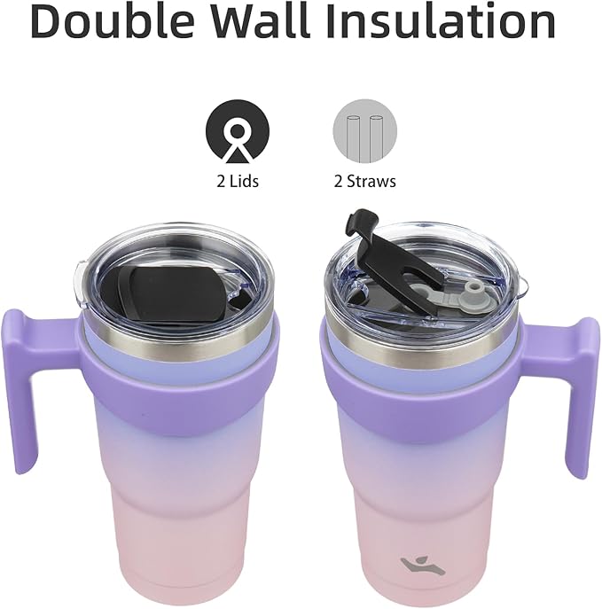 Konokyo 20 oz Tumbler with Handle and 2 Straw 2 Lid, Insulated Water Bottle Stainless Steel Vacuum Cup Reusable Travel Mug,Pastel Sunset