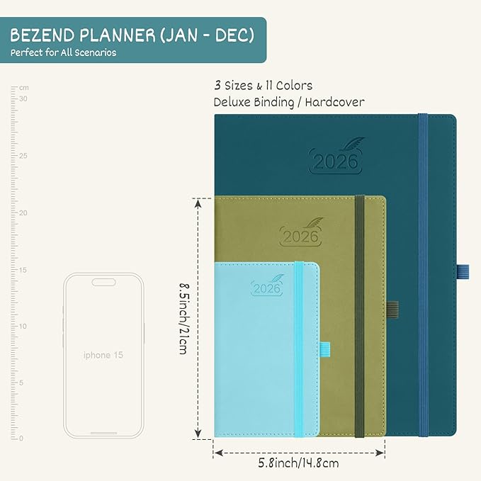 BEZEND 2026 Planner Weekly and Monthly (6" x 8.5") Daily Calendar with Hourly Timeslots & Tabs (Jan-Dec) Note & Expenses, Pen Holder, Inner Pocket, Vegan Leather Hardcover - Kiwi