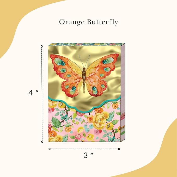 Punch Studio Flip-Top Pocket Notepad 3" x 4", For Daily Notes or Notes on-the-go, 75 Illustrated Sheets with Gold Foil Accents, Gems & a Magnetic Closure - Orange Butterfly (45907)